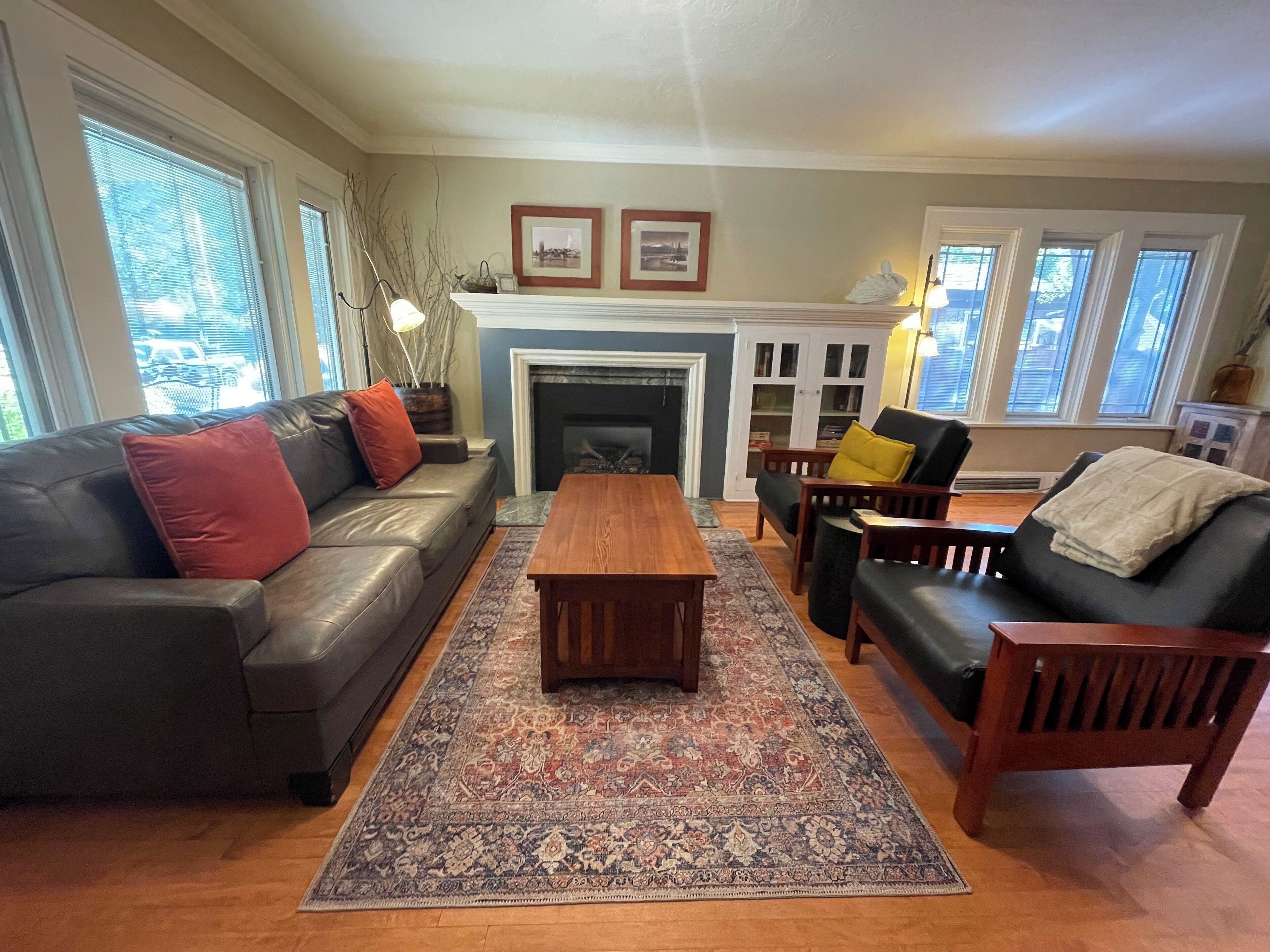 Smart TV, fireplace, books