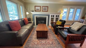 Smart TV, fireplace, books