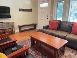 Smart TV, fireplace, books