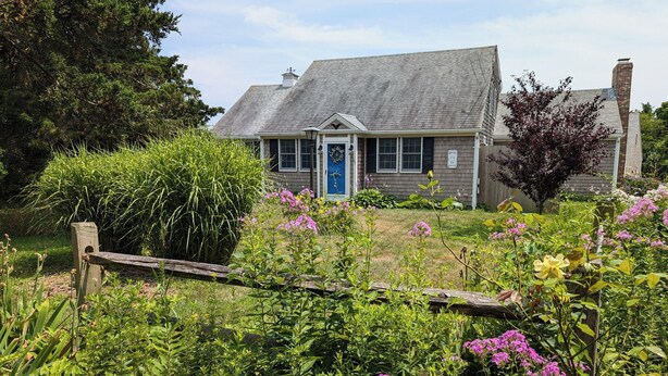 Une maison avec une porte bleue, entourée d’un jardin où poussent différentes plantes et fleurs.