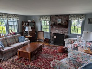 TV, fireplace, DVD player, books