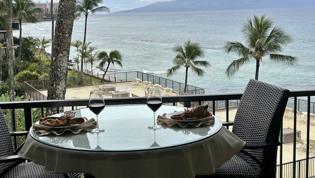 Ein Tisch mit einem Weinglas und einer Speisenplatte, mit Blick auf einen Strand mit Palmen und das Meer.