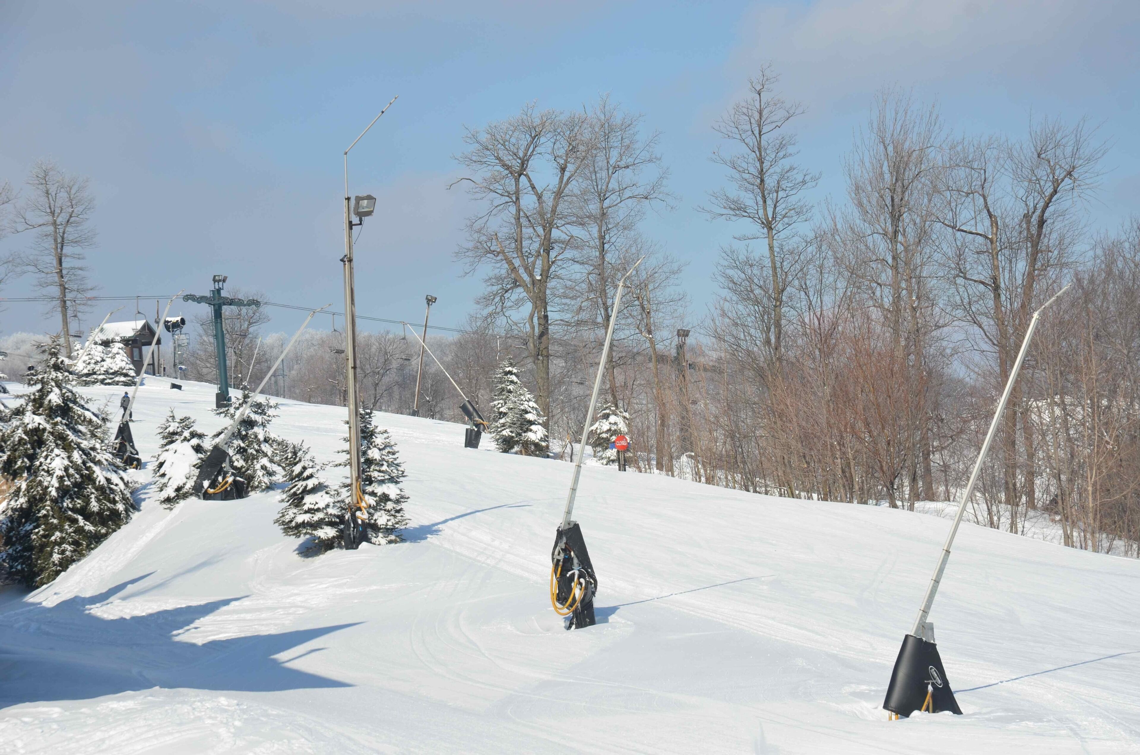 A snowy ski slope with snow-covered trees and a clear sky.