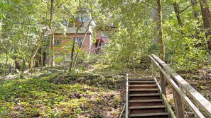 Un escalier en bois menant à un bâtiment entouré d’une végétation luxuriante.