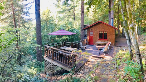 A small cabin with a deck and outdoor seating area surrounded by forest. - The Treehouse - a Romantic Russian River Retreat (Guerneville)