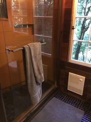 Dusche, Haartrockner, Handtücher, Seife