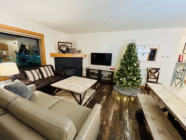 Smart TV, fireplace, books