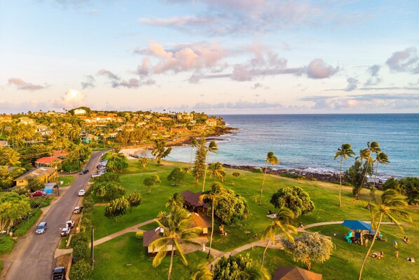 An aerial view of a coastal town with a road leading to the beach, surrounded by greenery and palm trees.