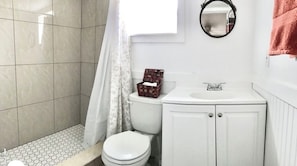 Hair dryer, towels, soap, shampoo