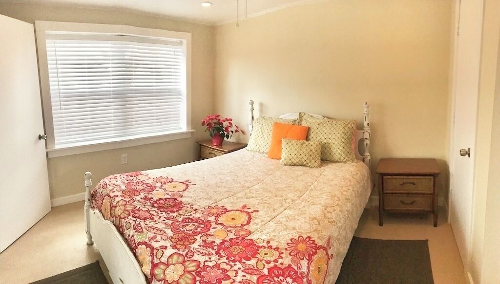 A bedroom with a bed, a nightstand, a dresser, a window with blinds, and a potted plant.