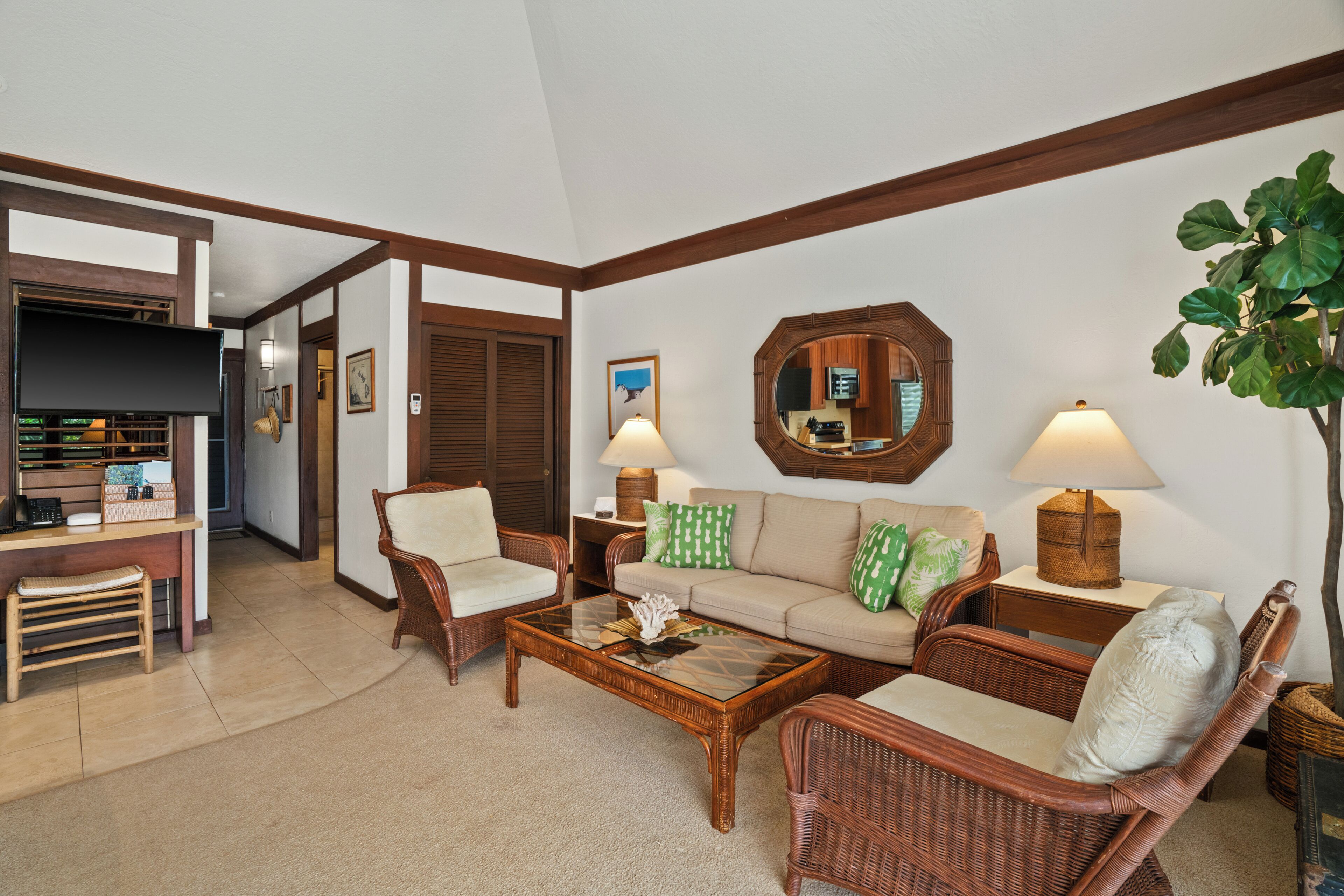 TV, DVD player, books, stereo