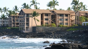 Un hotel costero con edificios de varios pisos, una costa rocosa y palmeras.