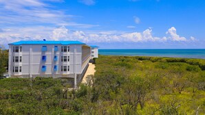 A two-story building with a blue roof and multiple windows, situated near a beach with dense greenery and a clear blue sky. - Ocean View 2BR - Pool, Private Beach & Near Parks (Tavernier)
