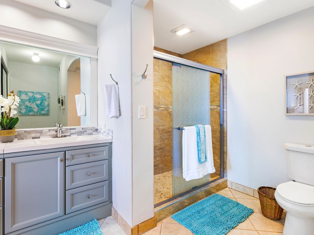 Shower, hair dryer, towels