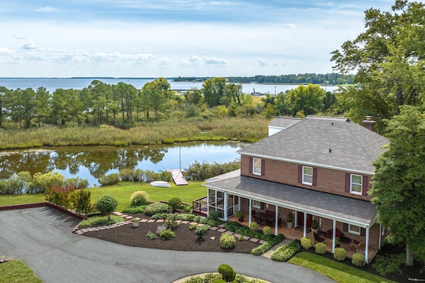 House, pond, property. Private beach and Chesapeake Bay is behind far tree line.