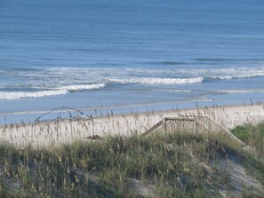 A beach with a wooden structure, possibly a beach hut, and tall grasses in the foreground.