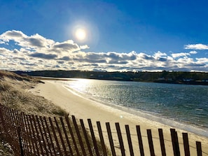 Ein Strand mit einer Holzzahlung im Vordergrund, einem sandigen Ufer und ruhigem Wasser.