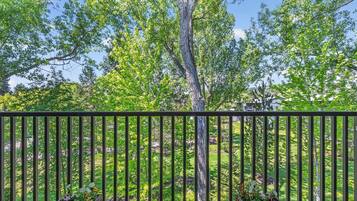 A balcony with a view of a green landscape and trees.