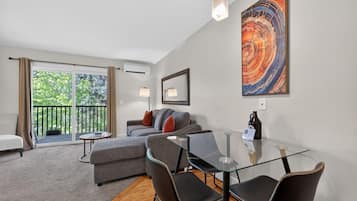 Smart TV, fireplace, books