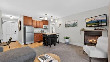 Smart TV, fireplace, books