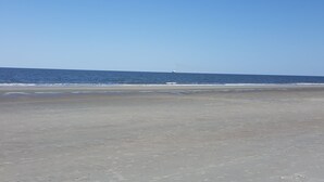 A beach with a clear sky and calm sea.