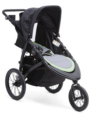 A black stroller with a canopy, large wheels, and a padded seat.