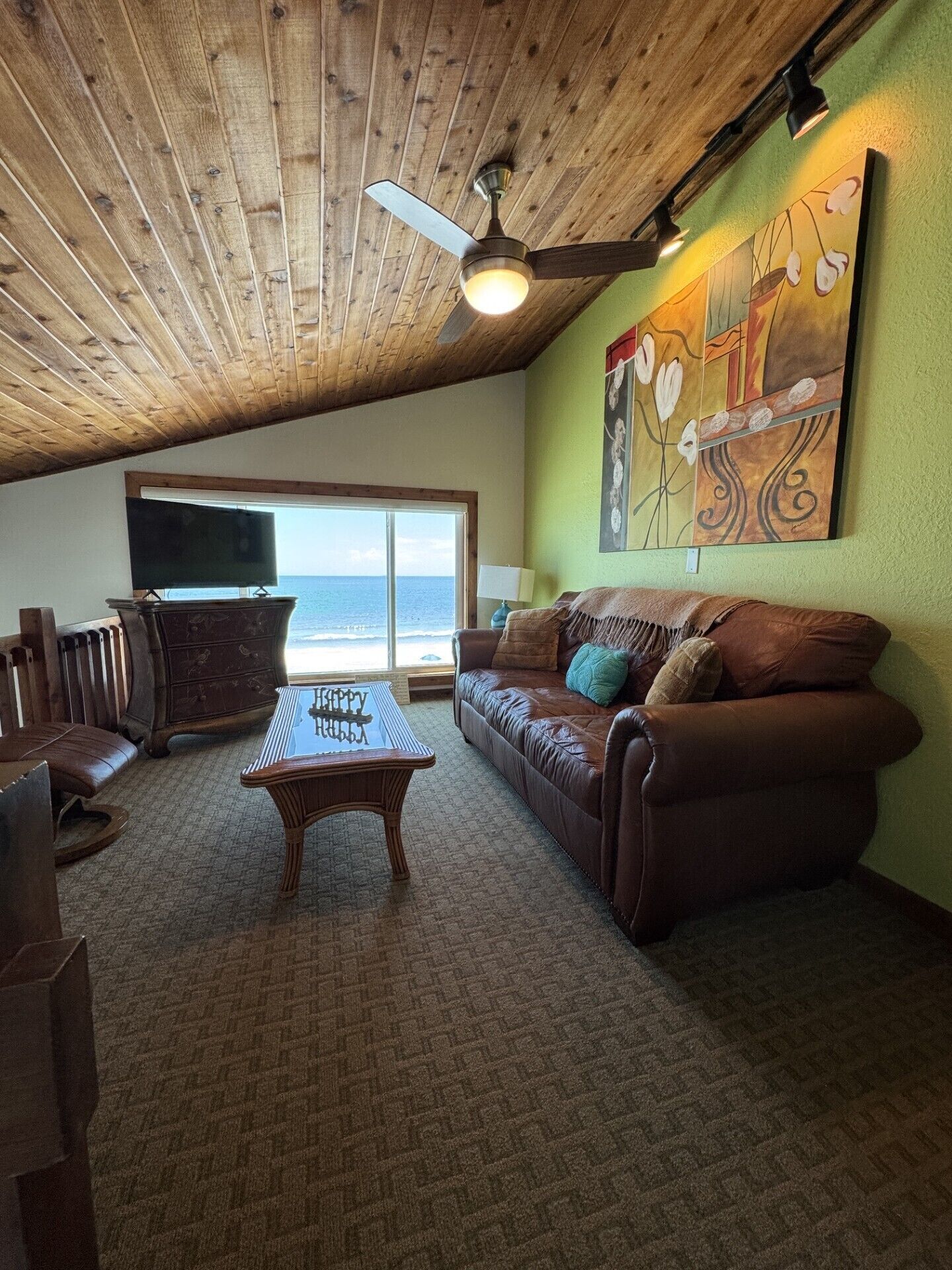 Smart TV, fireplace, books, music library