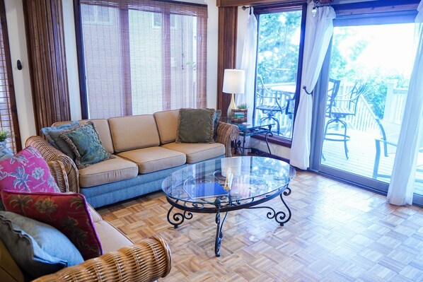 Smart TV, chimenea, libros y biblioteca musical 