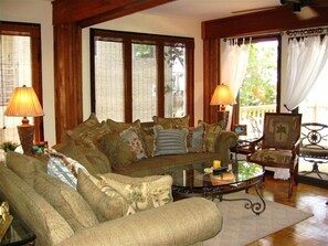 Smart TV, fireplace, books, music library