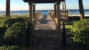 Une promenade couverte mène à la plage, bordée de palmiers, et offre une vue dégagée sur l’océan.