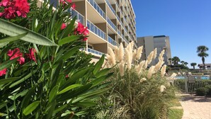 Un hôtel à plusieurs étages doté de balcons, d’une piscine et d’une végétation luxuriante.