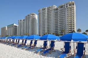 A beach with rows of blue beach chairs and umbrellas, and tall residential buildings in the background.