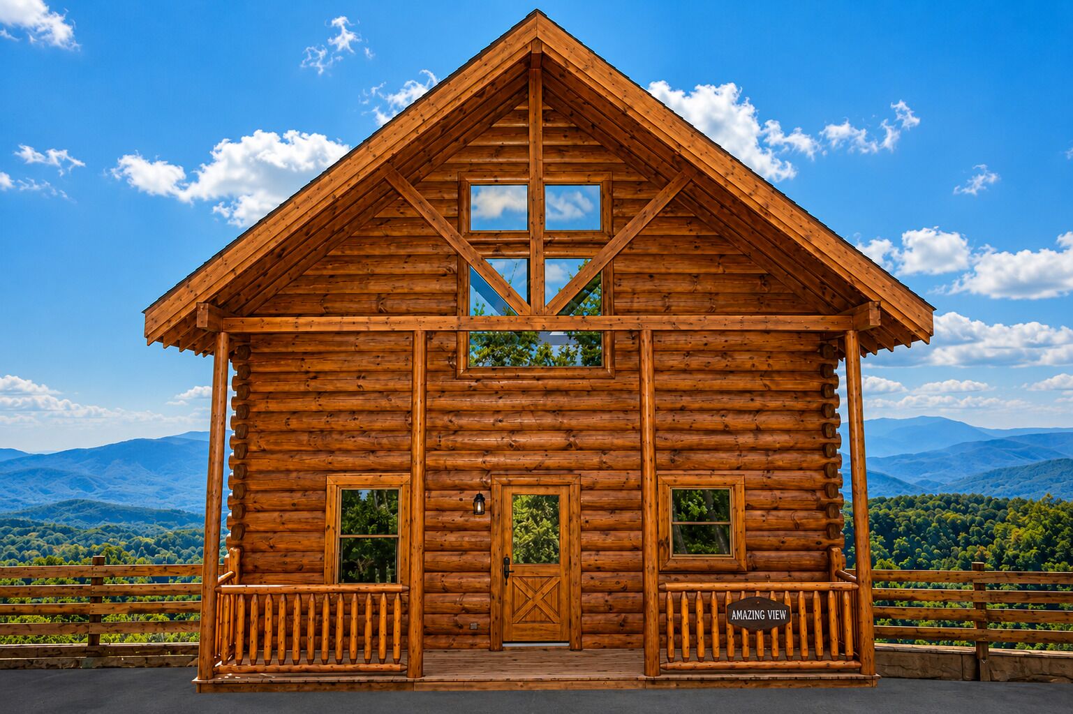 Une cabane en rondins avec un toit à deux versants, une entrée centrale et une véranda dotée de balustrades.
