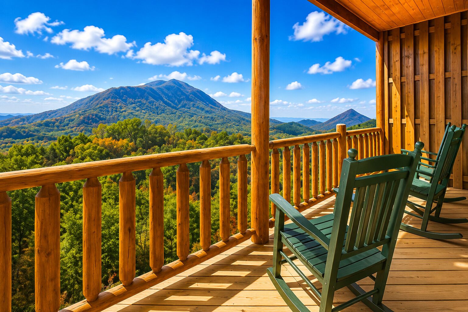 A wooden deck with a railing, green chairs, and a mountainous landscape in the background.