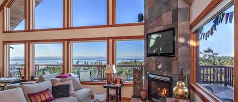 Smart TV, fireplace, DVD player, books