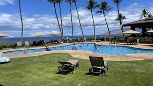 A pool area with lounge chairs, umbrellas, and palm trees.