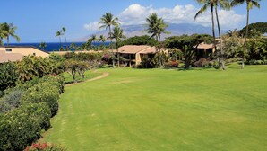 A well-maintained golf course with a clear view of the ocean and mountains in the background.
