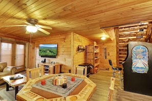 Smart TV, fireplace, video games, DVD player