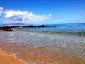 On the beach, sun-loungers, beach towels
