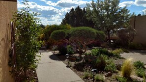 Stroll through this serene garden area, surrounded by lush plants and trees, along a convenient concrete pathway.