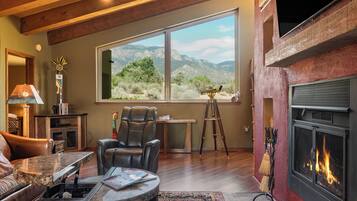 智能電視、壁爐、書籍、音樂庫