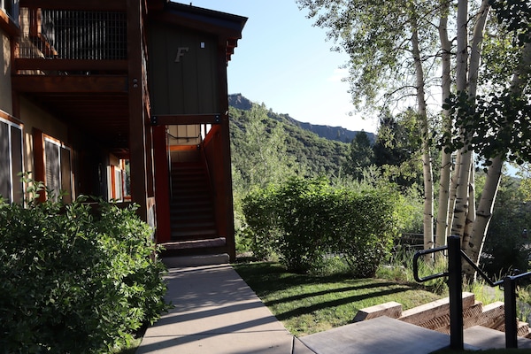 Our condo is on the lower level, the stairs to the right lead to the hot tub.