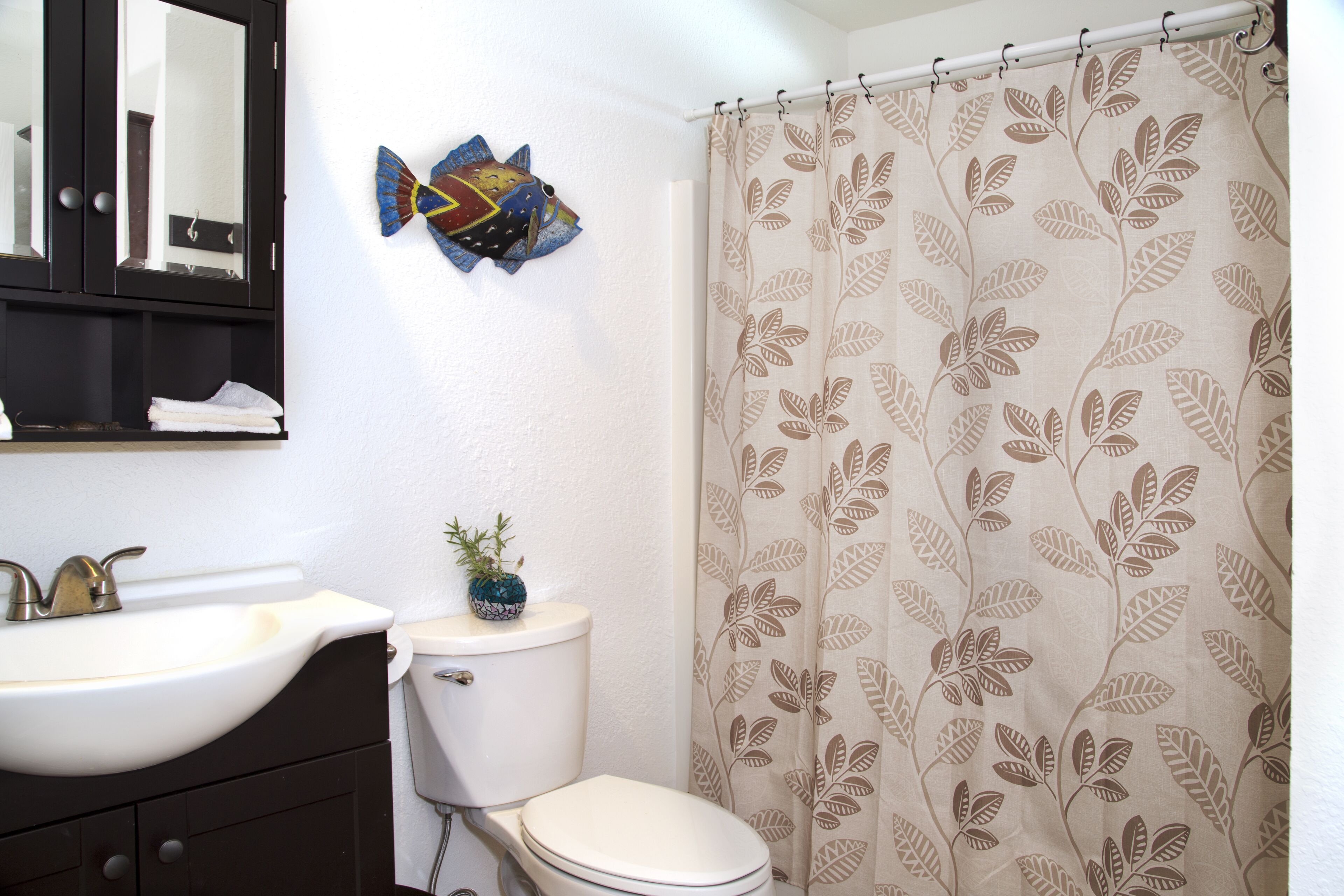 Combined shower/tub, hair dryer, towels, soap