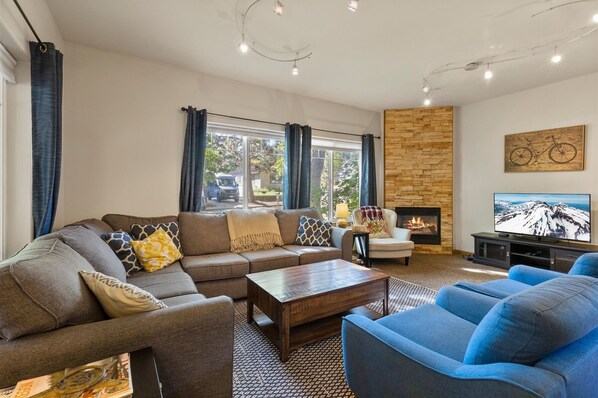 Smart TV, fireplace, DVD player, books