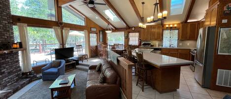 Télévision à écran plat, cheminée, lecteur de DVD, livres