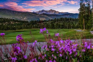 Um campo de golfe com montanhas ao fundo, rodeado por florestas densas.