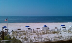 On the beach, sun loungers