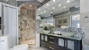 Shower, eco-friendly toiletries, hair dryer, towels