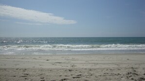 Ein Strand mit blauem Himmel und ruhiger See.