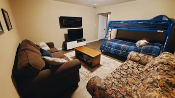 TV connectée, cheminée, lecteur de DVD, chaîne hi-fi